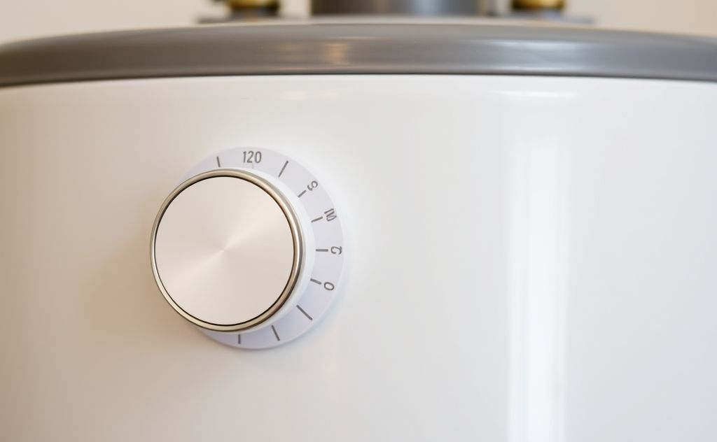 A water heater with a temperature dial set to 120 degrees Fahrenheit.