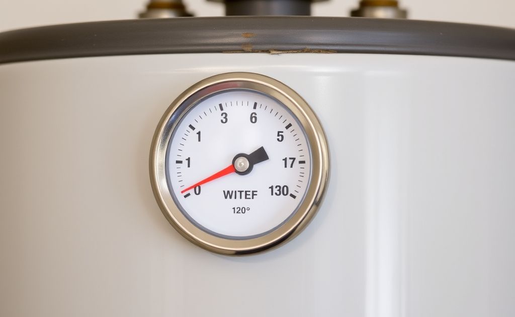 A water heater with a temperature gauge set at 120°F.