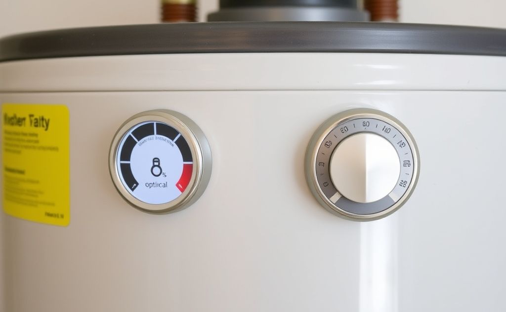 A water heater with a thermostat displaying optimal temperature settings.