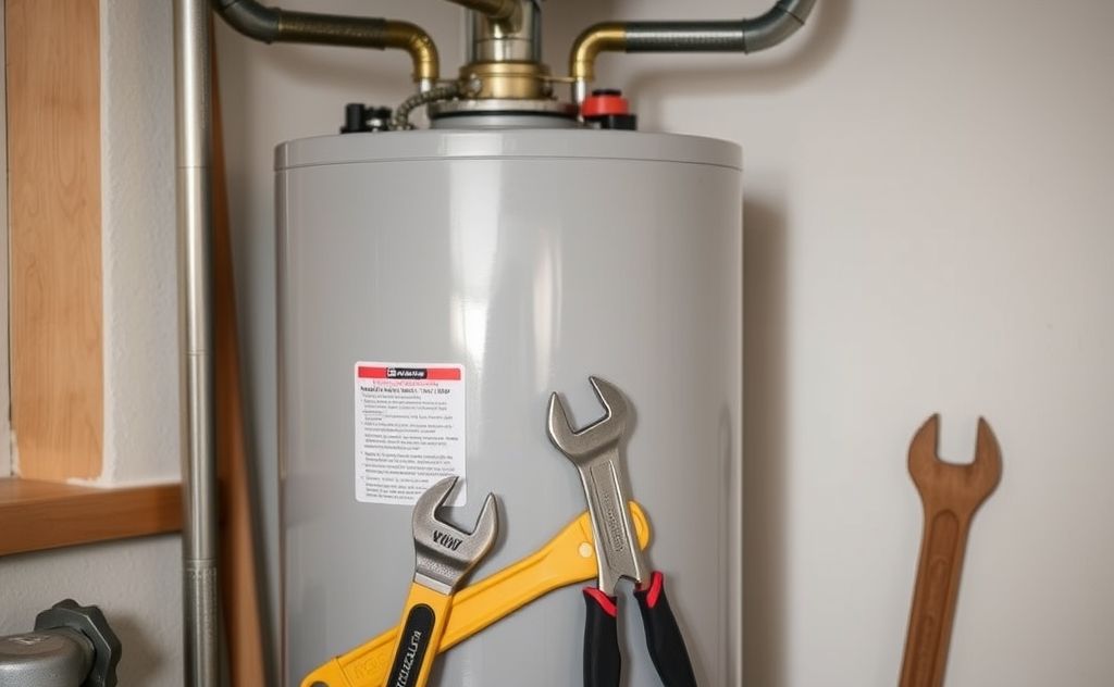A water heater with tools and a wrench in a home setting.