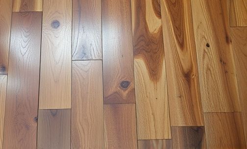 Water-damaged hardwood floor showing cupping and discoloration