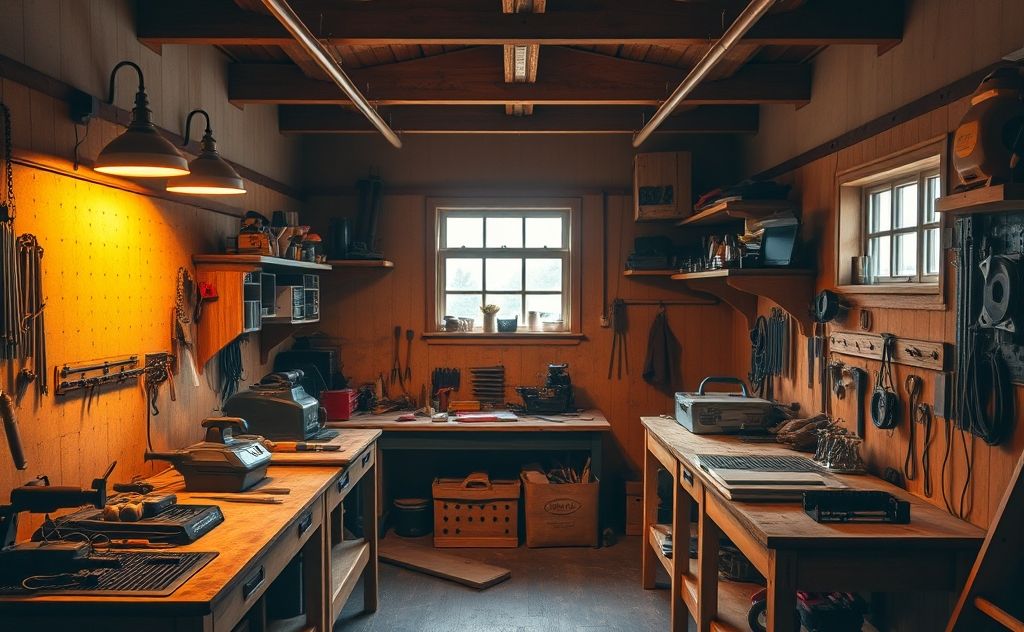 A well-insulated workshop with warm lighting and tools inside.
