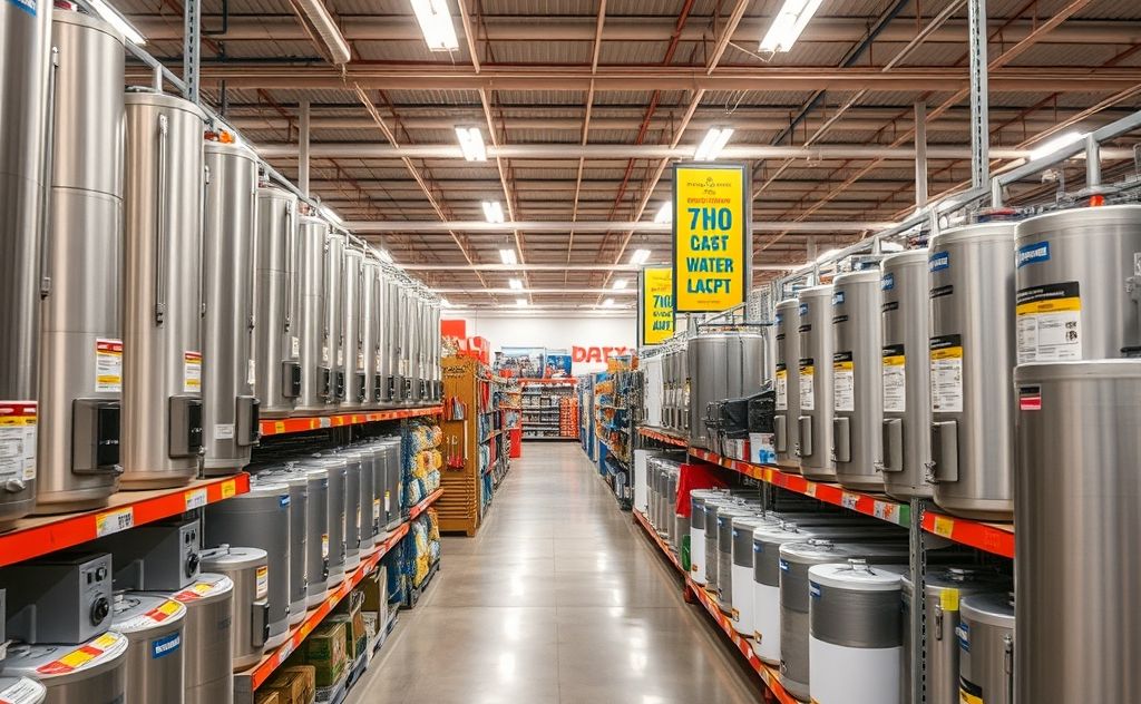 A well-stocked home improvement store aisle with gas water heaters.