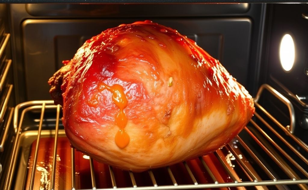 A whole honey baked ham on a roasting rack in an oven.