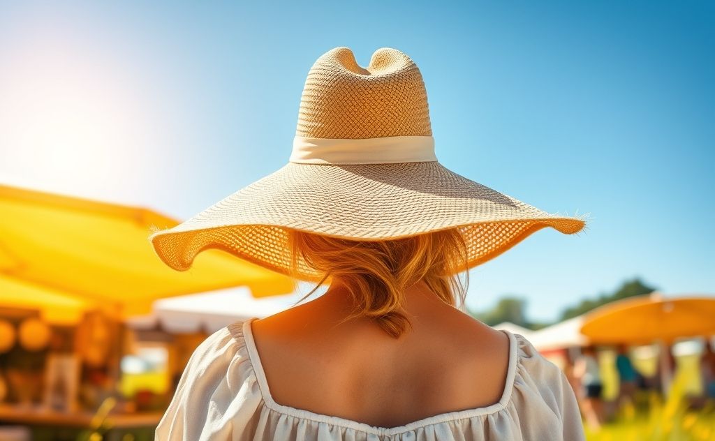 A wide-brimmed hat and light, breathable clothing under the sun.