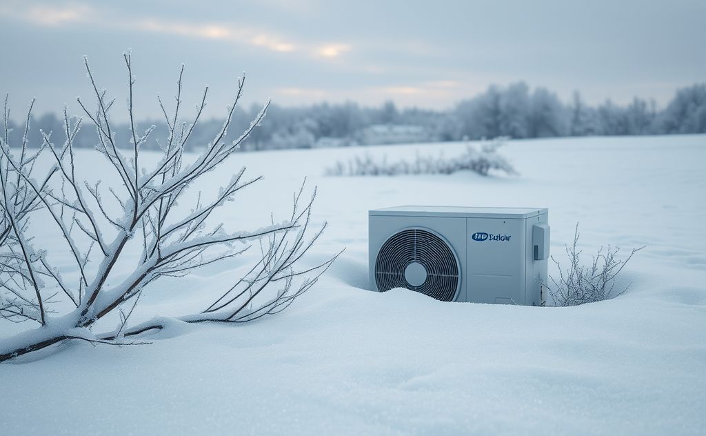 A winter scene with a heat pump surrounded by snow and frost.